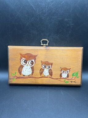 Vintage Artist Signed Hand Painted Owl Trio Wooden Plaque Cottage Art Artwork